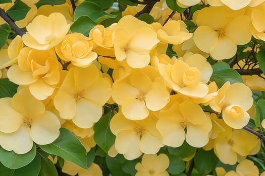 A stunning close-up shot of vibrant Kanikonna (Golden Shower) flowers in full bloom, showcasing their delicate yellow petals and lush green leaves.