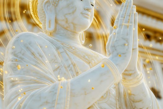 A digital 3D illustration of a Buddha statue with glowing golden circuits and energy flows, symbolizing spirituality and technology.