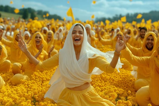 A lively celebration with people in yellow attire dancing in a field of marigold flowers, joyfully participating in a colorful cultural event.
