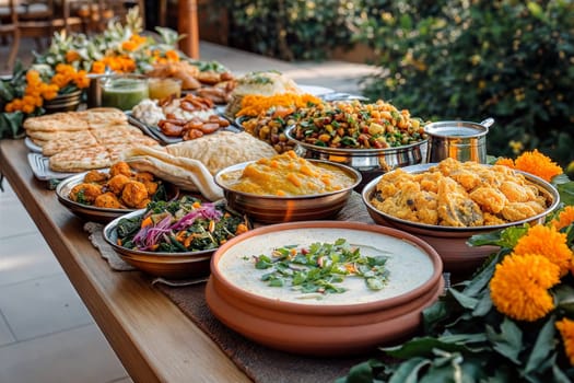 A colorful and festive spread of Indian dishes for Baisakhi, including naan, curry, salads, and sweets, surrounded by vibrant marigold flowers.