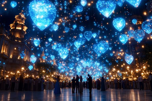 A mesmerizing scene with glowing heart-shaped lanterns hanging in the night sky, casting a magical atmosphere over a crowd of people celebrating under the stars.