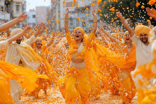 A lively celebration with dancers in vibrant yellow and orange attire, surrounded by a burst of orange and white flowers, expressing joy and tradition.
