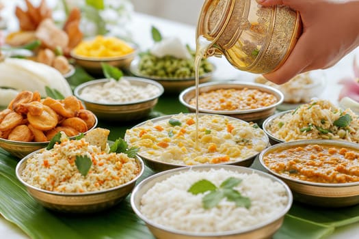 A delicious spread of traditional Vishu Sadya meal featuring rice, curry, sambar, and various side dishes, served in a vibrant setting with fresh coriander garnish