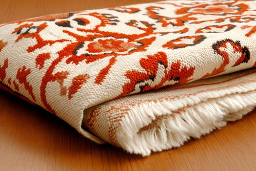A beautifully folded vintage rug with an orange and white floral pattern, showcasing detailed craftsmanship and fringed edges, placed on a wooden surface.