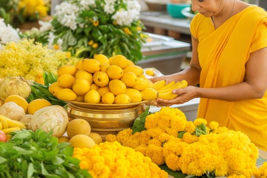 A traditional Vishu Kani setup with ripe bananas, marigold flowers, and vibrant citrus fruits, symbolizing prosperity and good fortune for the festival.