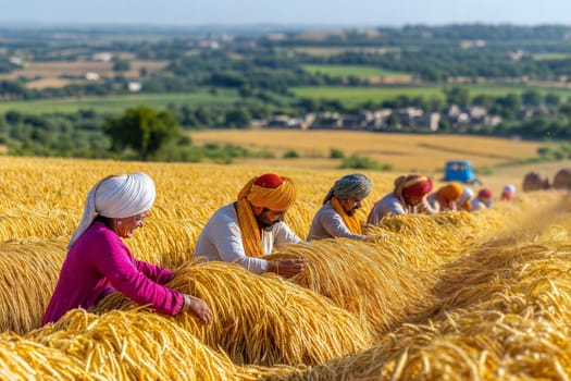 Farmers wearing turbans harvest wheat in a vast golden field, with a scenic rural landscape in the background. A traditional and vibrant agricultural scene.