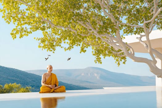 A serene scene of a Jain monk meditating under a large tree with birds flying in the peaceful, lush green nature, capturing tranquility and spirituality.