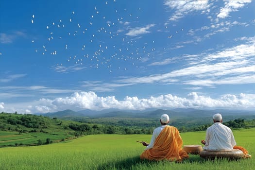 Two monks meditating in peaceful rice fields, with birds flying across the bright blue sky. A serene landscape showcasing nature and spirituality