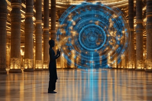 A Buddha statue stands in front of a glowing, intricate digital energy circle, in a serene temple-like setting. The peaceful atmosphere combines spirituality and technology