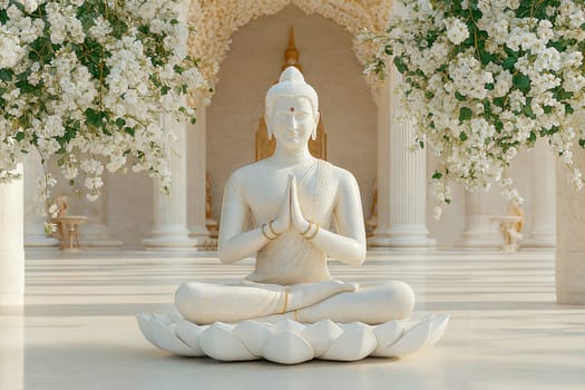 A peaceful white Buddha statue sitting on a lotus pedestal, surrounded by delicate white flowers in a serene temple, symbolizing calm and enlightenment.
