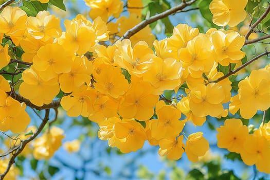 A stunning close-up shot of Kanikonna (Golden Shower) flowers, showcasing their bright yellow petals and lush greenery in full bloom under the sun.