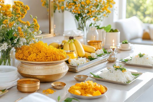 A vibrant Vishu celebration setup featuring yellow marigold flowers, aromatic rice, bananas, and traditional dishes arranged elegantly on a table.