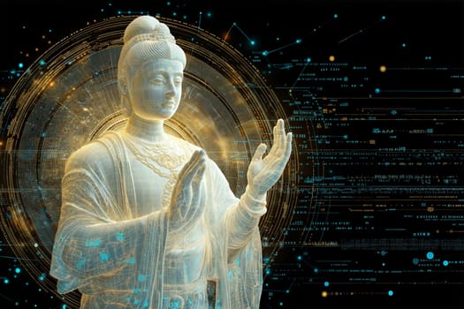 A 3D digital Buddha statue with glowing circuits and data patterns, symbolizing the connection between spirituality and technology in the modern world.