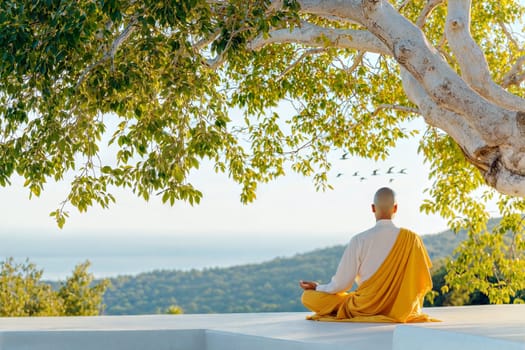 A serene scene of a Jain monk meditating under a large tree with birds flying in the peaceful, lush green nature, capturing tranquility and spirituality.