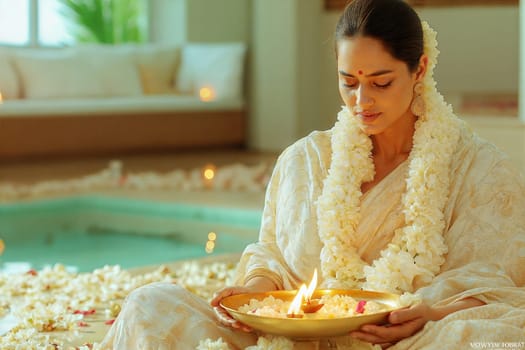 A serene moment of devotion as a young woman in a white sari holds a lit oil lamp, surrounded by flower petals, performing a spiritual ritual with a calm expression