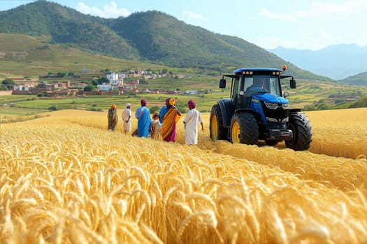 Wheat harvesting in a beautiful golden field with farmers working together. A tractor is used to assist, and the lush mountain landscape provides a stunning backdrop.