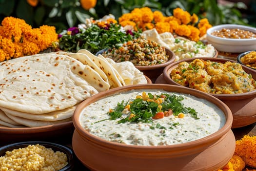 A colorful and festive spread of Indian dishes for Baisakhi, including naan, curry, salads, and sweets, surrounded by vibrant marigold flowers.