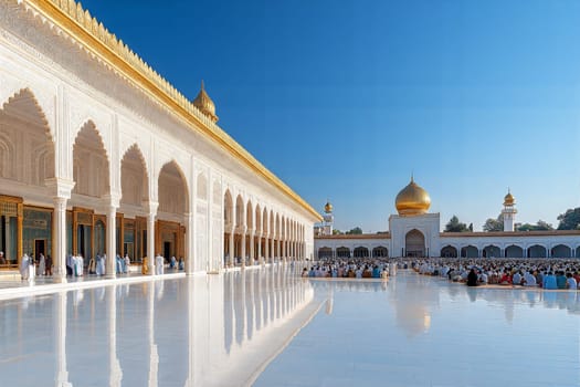 A peaceful temple scene with a golden dome, reflecting the devotion of the crowd gathered for prayers in the serene courtyard.