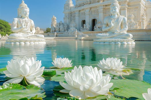 A peaceful scene featuring two large white Buddha statues surrounded by blooming white lotus flowers in clear water, symbolizing tranquility and enlightenment in a beautiful temple setting.