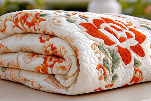 A beautifully folded vintage rug with an orange and white floral pattern, showcasing detailed craftsmanship and fringed edges, placed on a wooden surface.