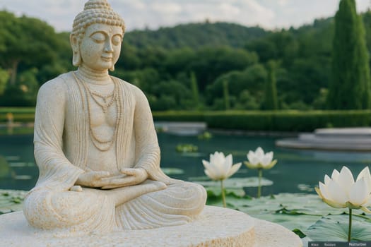 A peaceful scene of a white Buddha statue amidst blooming lotus flowers in a calm garden. The statue reflects serenity, surrounded by nature, symbolizing spiritual enlightenment.