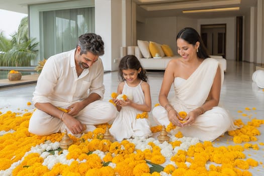 A joyful family, dressed in traditional attire, creates a flower arrangement with marigolds in their home, celebrating a cultural or religious occasion.