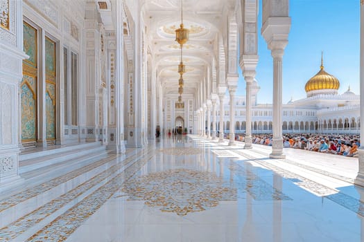 A stunning view of a pristine white mosque with a golden dome, featuring intricate architecture and a peaceful courtyard filled with worshippers. This sacred space radiates tranquility.