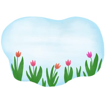 Hand drawn blue oval frame illustration of colorful spring flowers tulip daffodil. Green leaves branch, pastel pink yellow flower floral petal blossom bloom. Garden gardening elegant design. elegant bouquet