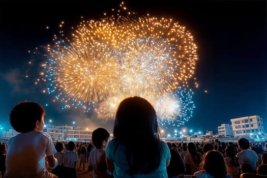 A joyful night scene with children enjoying a fireworks display. The colorful explosions light up the sky as families gather for a festive celebration.
