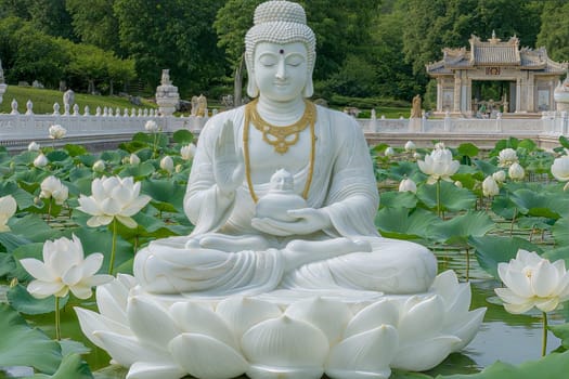 A peaceful scene featuring two large white Buddha statues surrounded by blooming white lotus flowers in clear water, symbolizing tranquility and enlightenment in a beautiful temple setting.