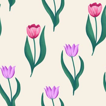 Hand drawn seamless pattern illustration of colorful spring flowers tulip daffodil. Green leaves branch, pastel pink yellow flower floral petal blossom bloom. Garden gardening elegant design. elegant bouquet