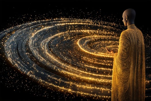 A detailed illustration of a figure with a glowing robe creating a spiral of golden stars in the cosmos, symbolizing the power of the universe and divine energy.