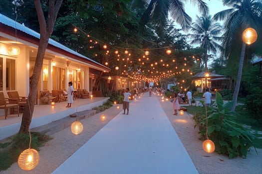 A lively tropical resort street lit up with hanging lanterns, children playing, and guests enjoying the serene atmosphere at dusk. Beautiful vacation setting with palm trees and cozy lights.