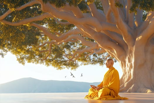 A serene scene of a Jain monk meditating under a large tree with birds flying in the peaceful, lush green nature, capturing tranquility and spirituality.