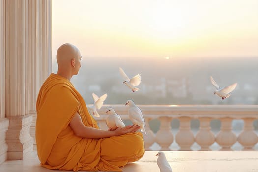 A peaceful image of a monk in yellow robes meditating with white doves flying around him during a serene sunrise.