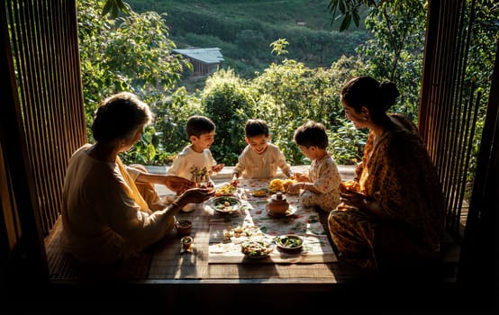 A joyful family enjoying a traditional meal together, surrounded by nature, with children playing and smiling. A cozy, heartwarming scene with fresh, healthy food and beautiful surroundings.