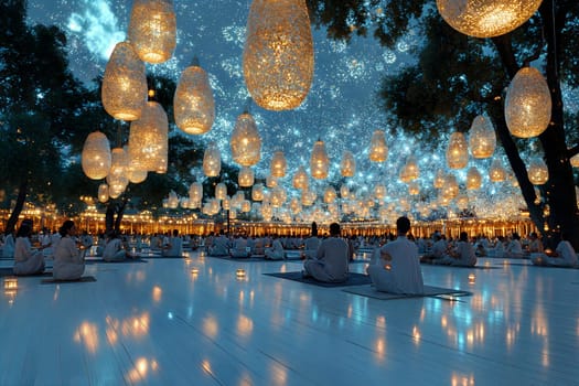 A serene meditation gathering under hanging lanterns, surrounded by a starry sky and peaceful atmosphere. People in white robes meditate in tranquil surroundings, reflecting calm and mindfulness.