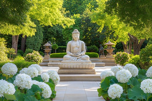 A serene marble Buddha statue in a peaceful garden, surrounded by lush greenery and white hydrangea flowers, offering a tranquil and spiritual atmosphere.