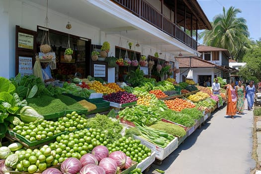 A lively Kerala street market filled with fresh fruits, vegetables, and local produce, bustling with people shopping under the tropical sun.