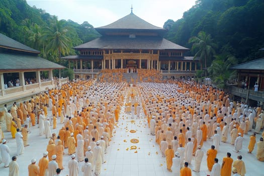 A beautiful morning at a Buddhist temple with hundreds of monks in peaceful procession, dressed in orange robes, performing spiritual rituals.