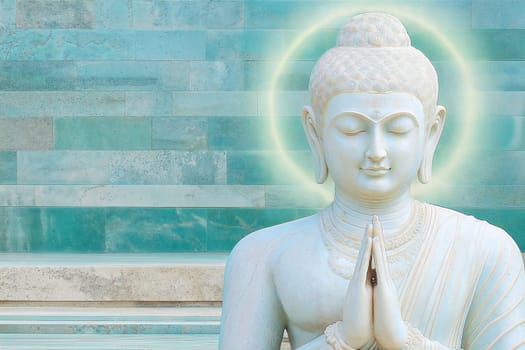 A serene close-up of a Buddha statue in prayer pose, surrounded by a calm turquoise background, radiating peaceful energy. Perfect for meditation, spirituality, and calm environments