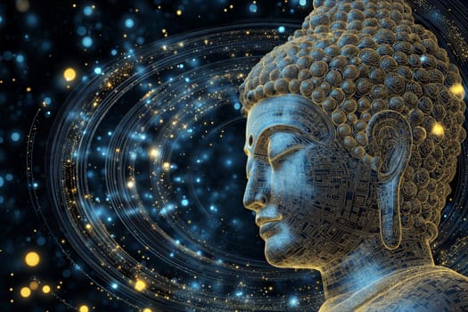 A detailed and artistic digital representation of Lord Buddha's face with glowing geometric patterns and cosmic light effects.