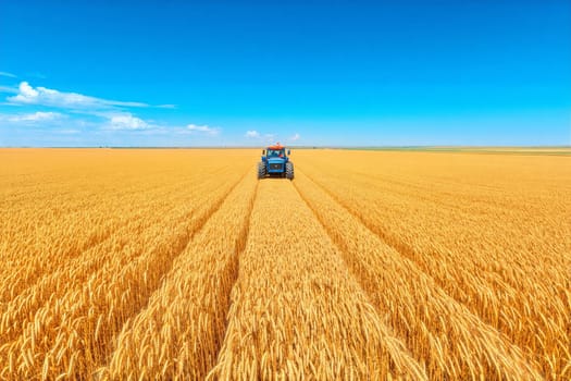 A tractor harvesting golden wheat in a vast field with a bright blue sky above. Agricultural machinery, farming, harvest season, rural landscape, and nature in full display.