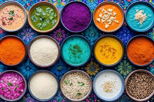 A vibrant collection of spices, herbs, and powders in bowls arranged on a colorful floral patterned background. A representation of rich cultural culinary tradition and vibrant Indian cuisine.