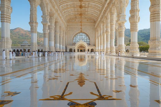 A breathtaking view of a grand Jain temple with stunning white and gold architecture, as devotees gather for prayer. The intricate details of the temple columns and serene atmosphere create a peaceful ambiance