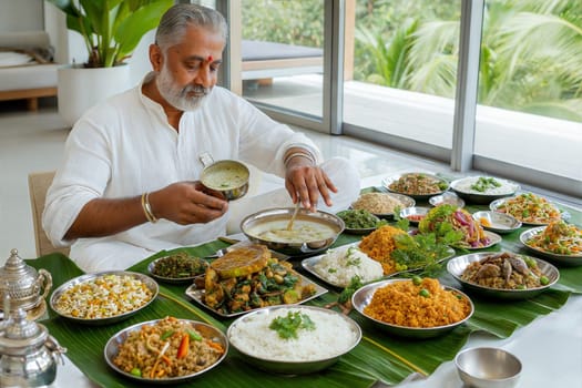 A lavish Vishu Sadya meal with a variety of delicious Indian dishes, served on banana leaves, featuring rice, curries, chutneys, and vegetables
