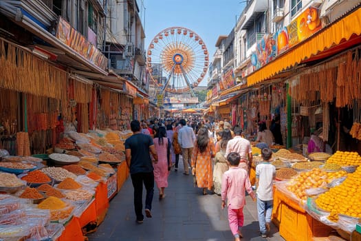 A bustling Baisakhi fair street filled with vibrant stalls offering traditional Indian snacks and sweets. The scene includes a colorful Ferris wheel in the background, adding to the festive atmosphere.