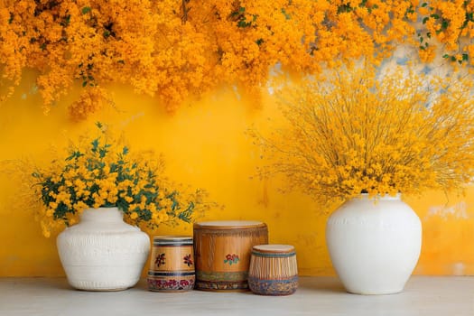 Colorful traditional drums surrounded by vibrant yellow flowers in large pots, set against a bright yellow wall, creating a lively cultural atmosphere.