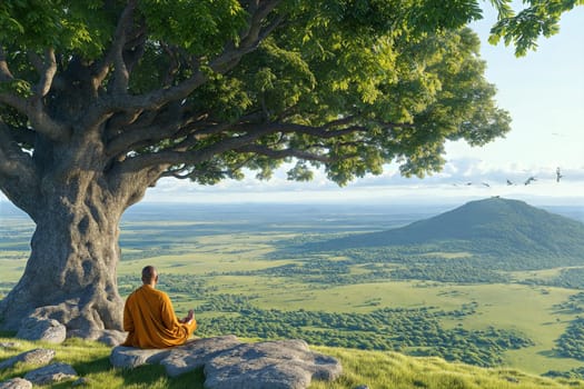 A serene scene of a Jain monk meditating under a large tree with birds flying in the peaceful, lush green nature, capturing tranquility and spirituality.