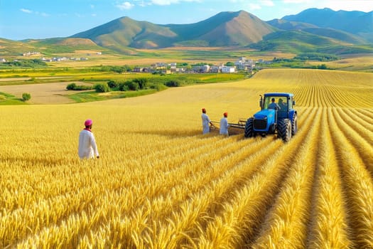 Wheat harvesting in a beautiful golden field with farmers working together. A tractor is used to assist, and the lush mountain landscape provides a stunning backdrop.